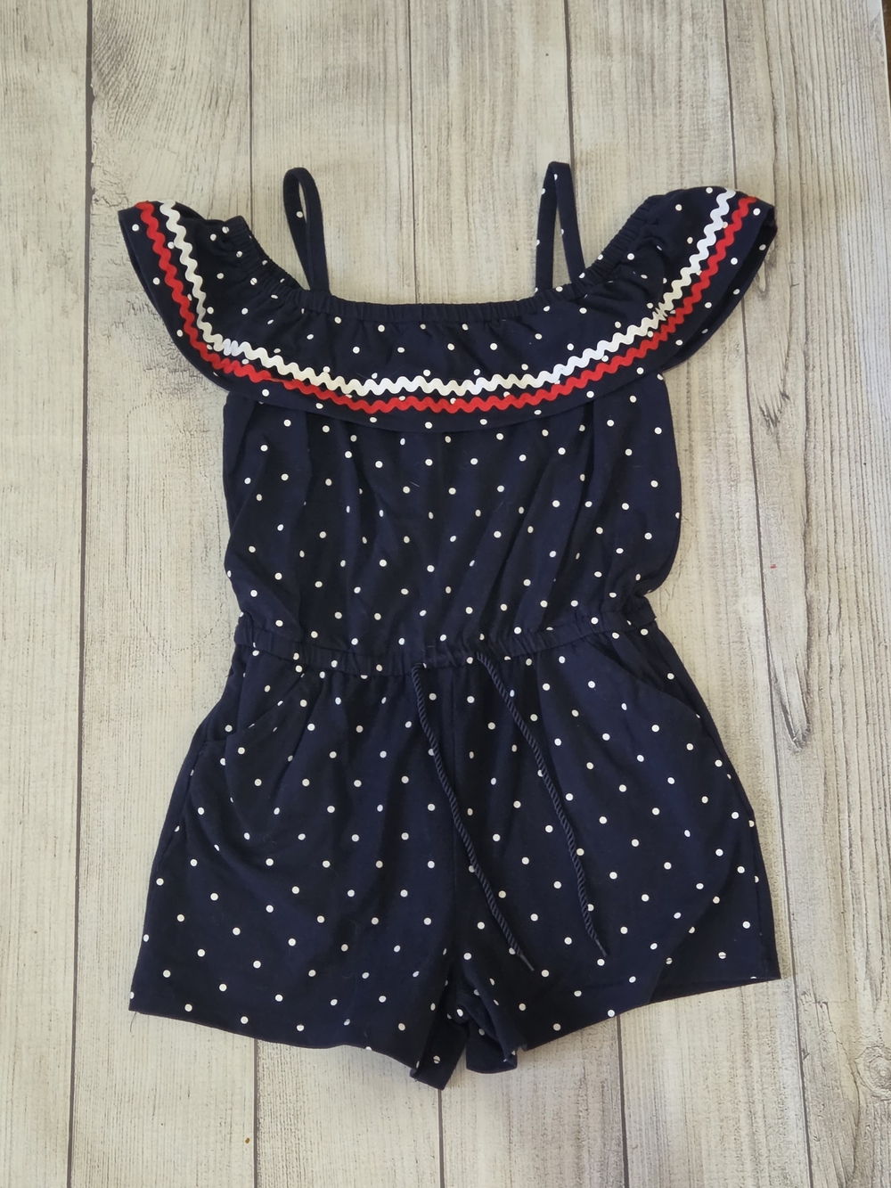 Janie and Jack Navy Polka Dot Romper with Red & White Trim